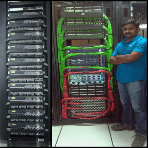 IT professional optimizing network performance beside a server rack